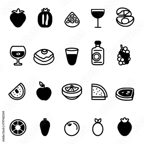 Food icon, menu icon, restaurant icon, dinner icon, kitchen icon, silhouette icon, banquet icon, bar icon, catering icon, fish icon, hamburger icon, food, cake, icon, vector, coffee, set, illustration