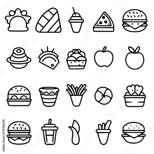 Food icon, menu icon, restaurant icon, dinner icon, kitchen icon, silhouette icon, banquet icon, bar icon, catering icon, fish icon, hamburger icon, food, cake, icon, vector, coffee, set, illustration