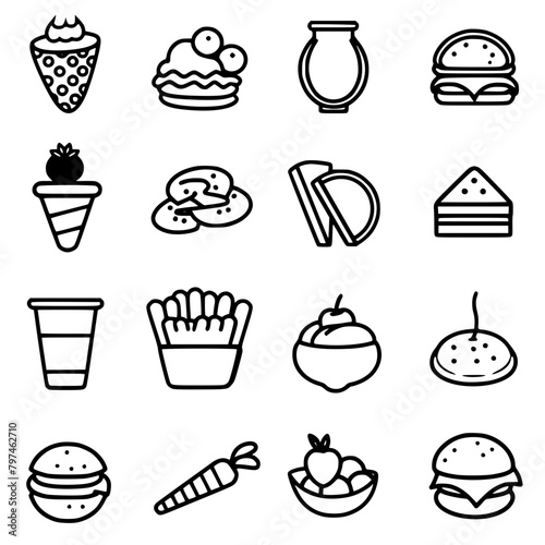 Food icon, menu icon, restaurant icon, dinner icon, kitchen icon, silhouette icon, banquet icon, bar icon, catering icon, fish icon, hamburger icon, food, cake, icon, vector, coffee, set, illustration