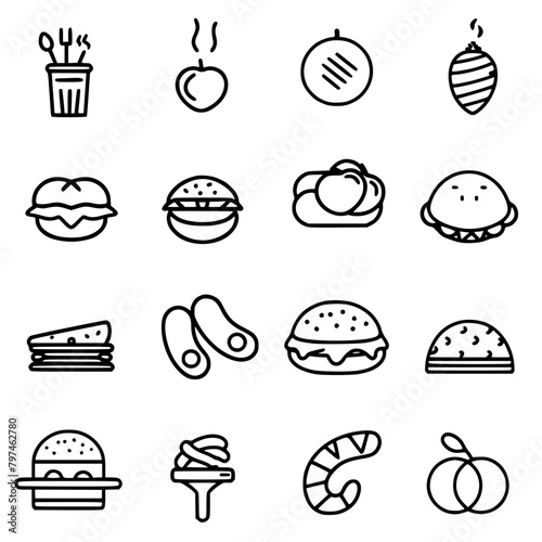 Food icon, menu icon, restaurant icon, dinner icon, kitchen icon, silhouette icon, banquet icon, bar icon, catering icon, fish icon, hamburger icon, food, cake, icon, vector, coffee, set, illustration