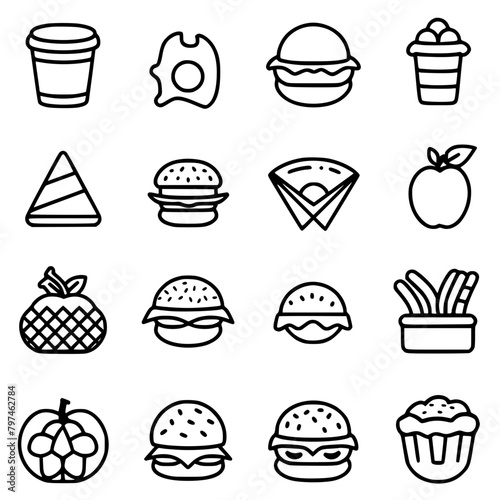 Food icon, menu icon, restaurant icon, dinner icon, kitchen icon, silhouette icon, banquet icon, bar icon, catering icon, fish icon, hamburger icon, food, cake, icon, vector, coffee, set, illustration