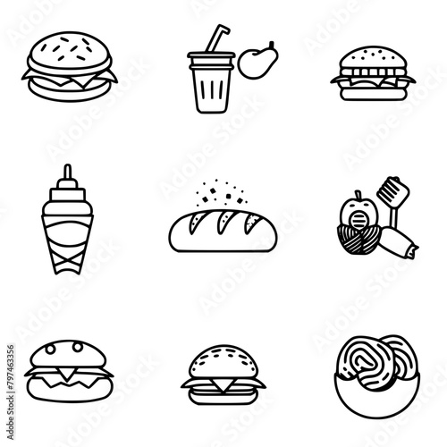 Food icon, menu icon, restaurant icon, dinner icon, kitchen icon, silhouette icon, banquet icon, bar icon, catering icon, fish icon, hamburger icon, food, cake, icon, vector, coffee, set, illustration