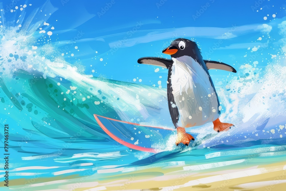 Fototapeta premium A surfing penguin catches waves on a sunny beach, his surfboard a splash of bright colors against the blue sea, ideal for a fun surfing penguin cartoon concept