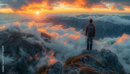 Man on mountain gazes at sunset over natural landscape with cloudfilled sky