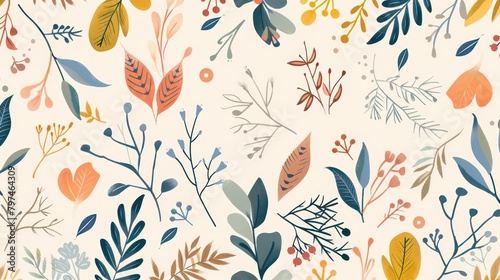 Botanical nature leaf and flower pattern vintage style background illustration design. © Khoirul