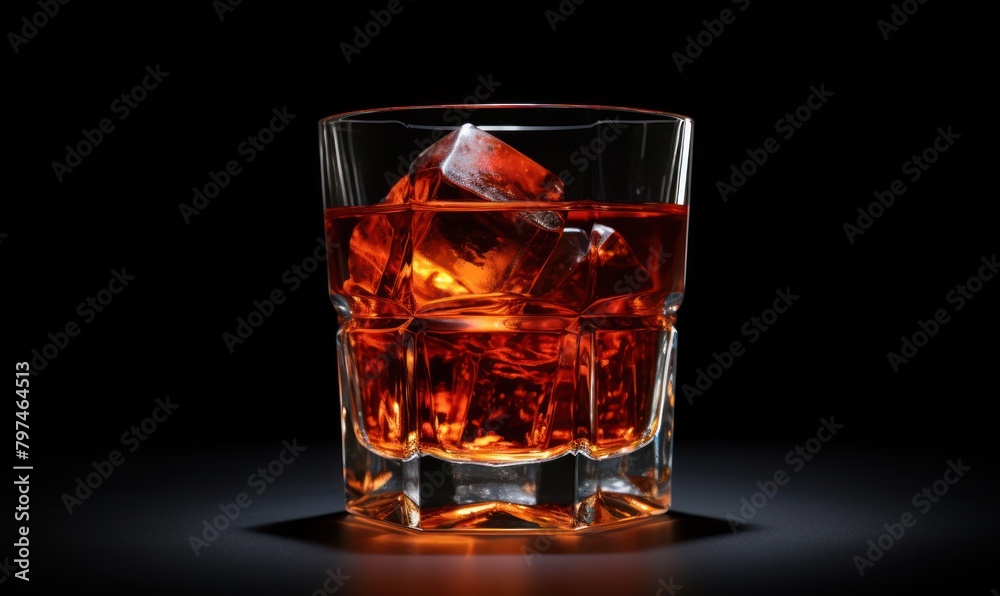a glass of amber liquid with ice cubes