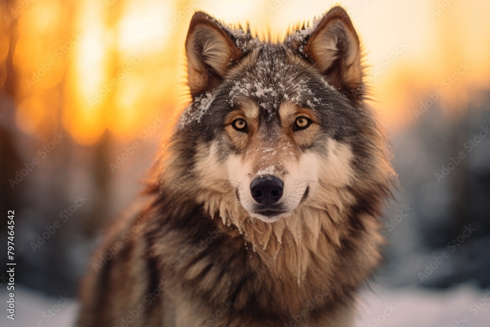 a wolf with snow on its head
