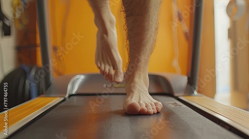 A man is running on a treadmill with his feet bare