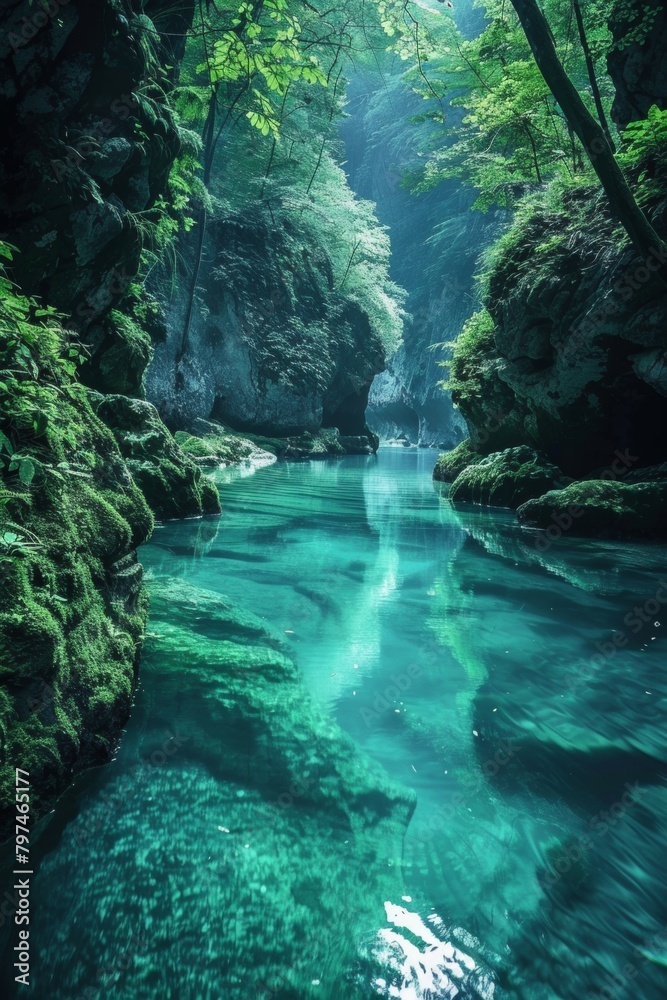 Meditative scene with turquoise water, lush greenery, conveying tranquility Meditative scene with turquoise water, lush greenery, conveying tranquility