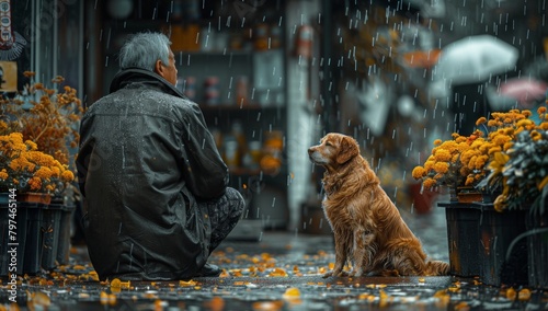 Endearing Bond: Elderly Couple and Their Sheltered Pup Embracing the Storm