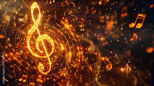 Glowing treble clef surrounded by musical notes and dynamic lights symbolizing the energy of music 