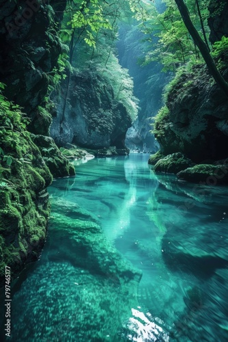 Meditative scene with turquoise water, lush greenery, conveying tranquility