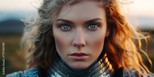 a woman with blue eyes and a metal collar