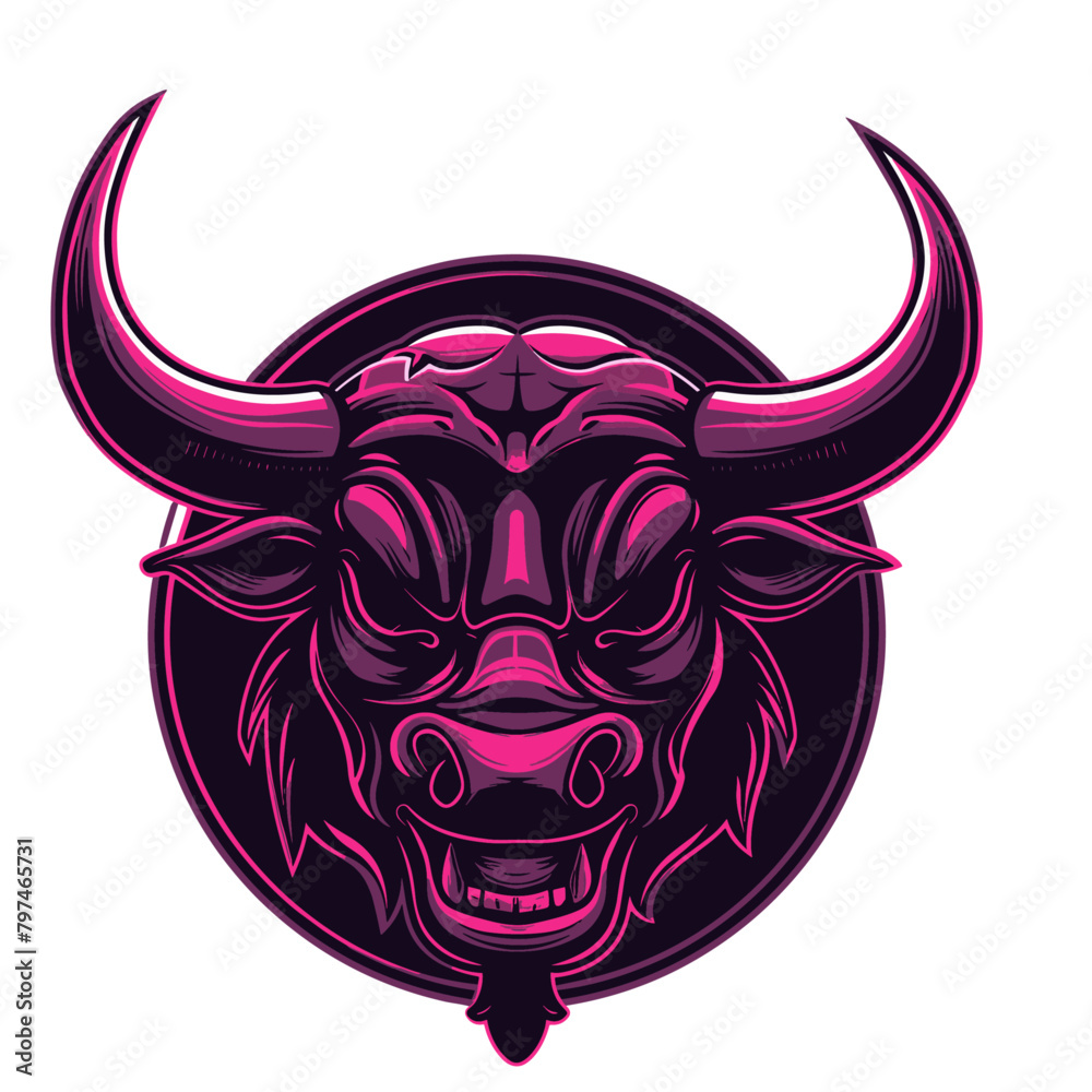 bull's head, its horns framing a display of electrical power in the form of lightning bolts