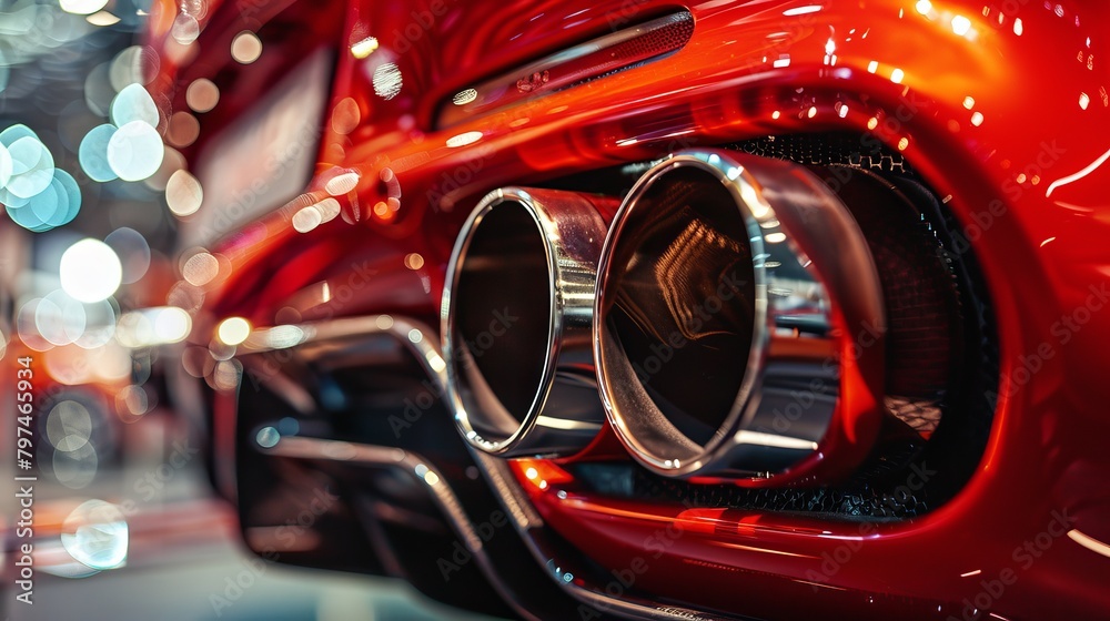 Crisp focus on the tailpipes of a highend vehicle at an exclusive automotive exhibition

