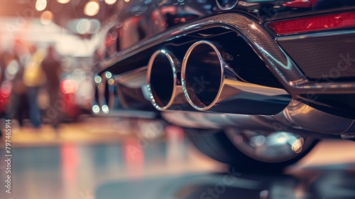 Crisp focus on the tailpipes of a highend vehicle at an exclusive automotive exhibition
 photo