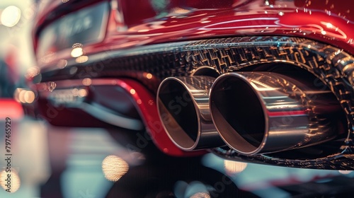 Crisp focus on the tailpipes of a highend vehicle at an exclusive automotive exhibition
 photo