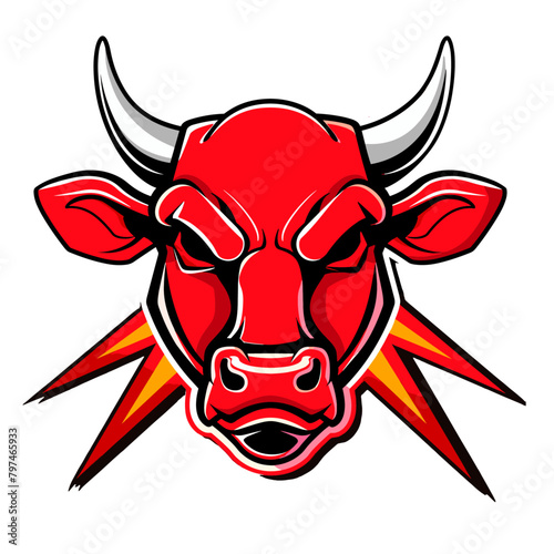 powerful bull's head with a determined expression, lightning bolts crackling behind it in a burst of energy