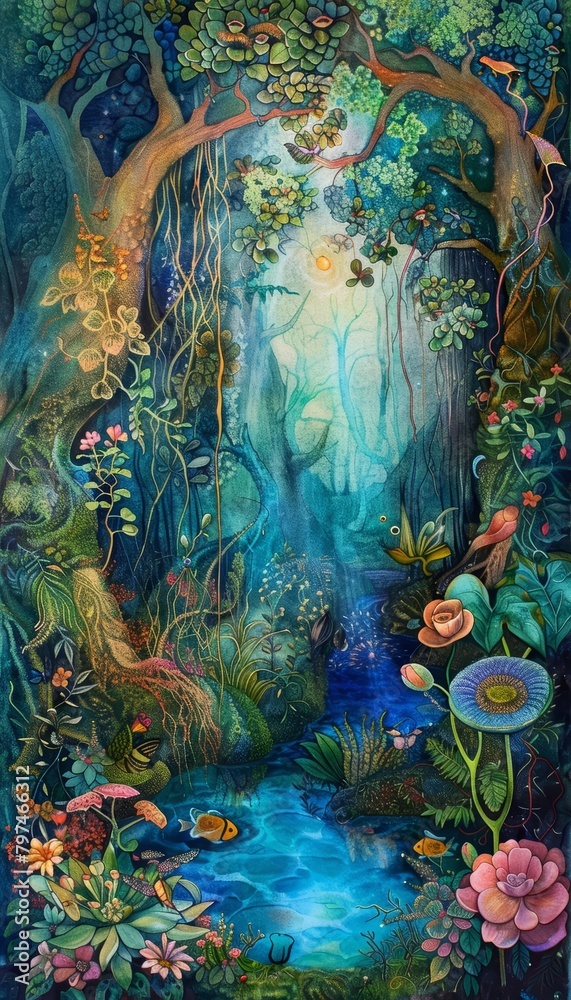 In the ecosystems delicate balance, every creature and plant played a part in the living tapestry, bright water color