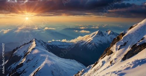Panoramic view of the snow-capped peaks of the Caucasus Mountains at sunset photo