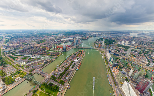 Rotterdam  Netherlands. Panorama of the summer city in rainy weather. Clouds. Aerial view