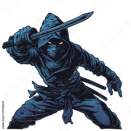 dynamic illustration of a ninja in mid-action, wielding a sword with precision and skill, encapsulated in the dark shades of blue and black