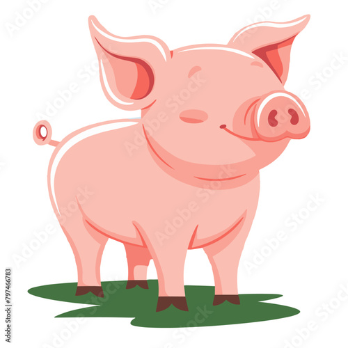curious pink piglet stands on its hind legs, gazing out over a lush green meadow