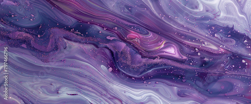 Celestial lavender marble ink cascades elegantly through an enchanting abstract scene, glistening with ethereal glitters.