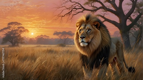   Artistic Image prompt Digital illustration depicting an English lion traversing the savannah forest at dawn. The lion  portrayed with a mix of realism and artistic interpretation  exudes regal elega