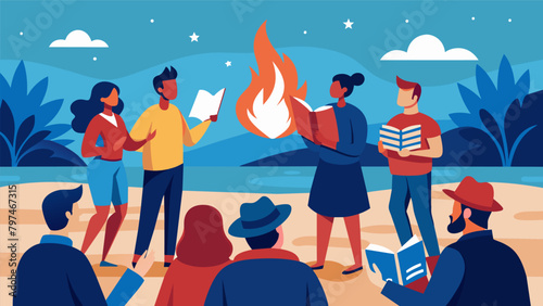 At the beach a group of friends gather around a bonfire their voices raised in unison as they read aloud patriotic poems that remind them of the. Vector illustration