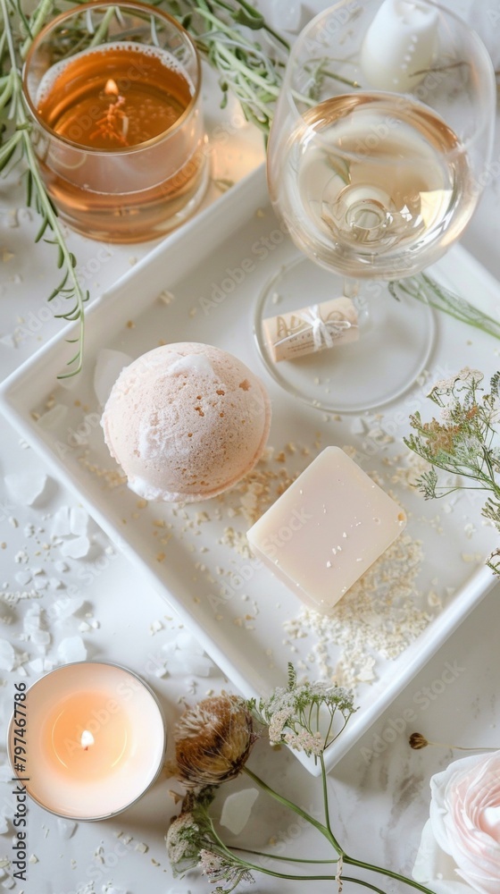Top-view shot of a luxurious bath tray with a wine glass, a bar of artisanal soap, a single bath bomb, and a scented candle Top-view shot of a luxurious bath tray with a wine glass, a bar of artisanal soap, a single bath bomb, and a scented candle