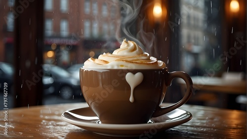 # Prompt 1: Photorealistic Images"A steaming cup of rich, dark coffee, swirling with creamy milk and topped with a delicate foam heart, served in a cozy cafe on a rainy day", Photograph, Realistic, Ca