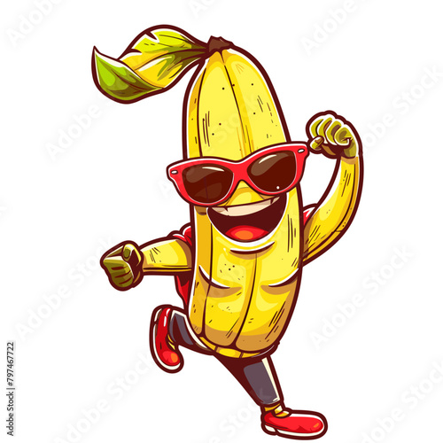 quirky superhero, a banana disguised in sunglasses and a red cape, strikes a pose