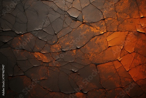 a cracked surface with orange and black paint