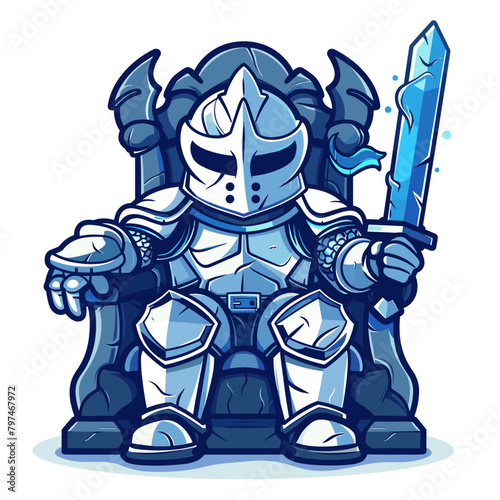 victorious knight, clad in gleaming silver armor, rests upon a golden throne, his mighty sword held aloft