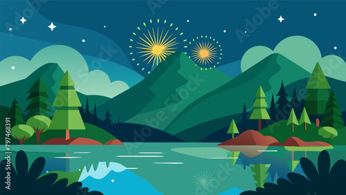A picturesque scene of a lake surrounded by lush greenery with the grandeur of fireworks reflected on its calm surface celebrating the countrys. Vector illustration