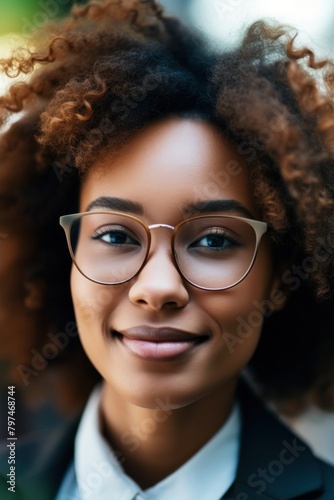 a woman with curly hair wearing glasses