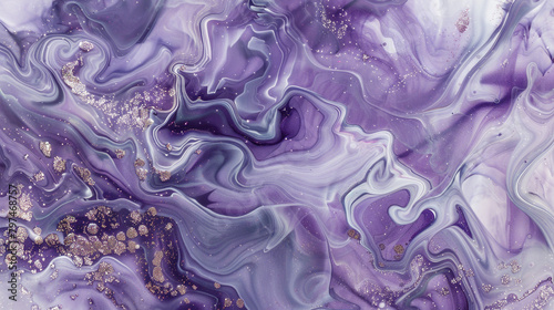 Celestial lavender marble ink cascades elegantly through a luminous abstract canvas, glistening with ethereal glitters, invoking serenity and tranquility.