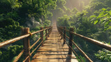 Long wooden bridge crossing the river in the rainforest