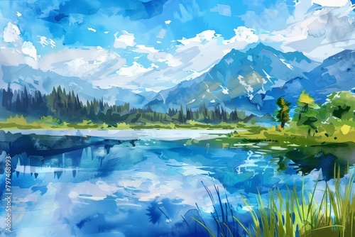A beautiful watercolor painting of a mountain lake