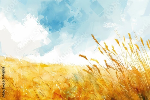 A watercolor painting of a field of wheat under a blue sky.
