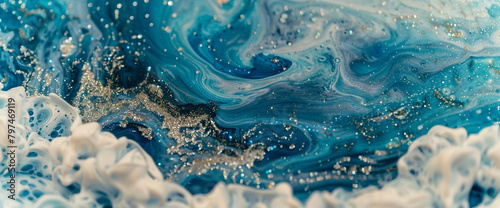 Celestial azure marble ink cascades elegantly through a radiant abstract scene, speckled with sparkling glitters.