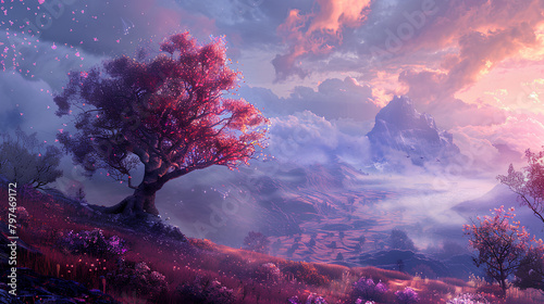  Magical Twilight Valley with Flourishing Pink Trees and Floating Petals © Nikka