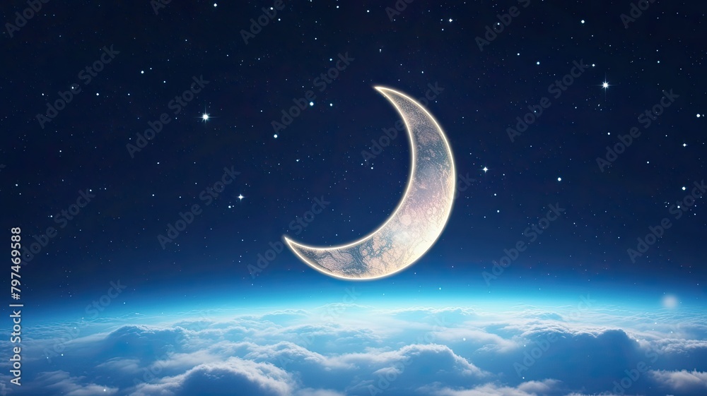 A mesmerizing crescent moon illuminates a starry sky, casting a gentle glow on the soft clouds below A mesmerizing crescent moon illuminates a starry sky, casting a gentle glow on the soft clouds below