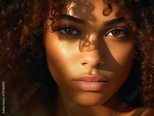 a woman with curly hair and makeup