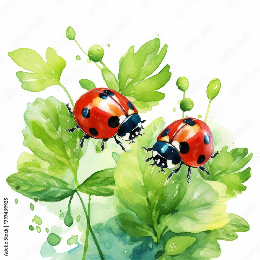 Naklejka premium A watercolor painting of two red ladybugs on a green leaf.