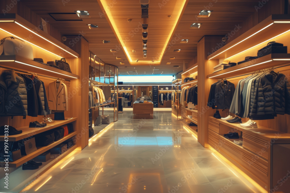 Create an image of a fashion store's interior using a low-angle shot, focusing on the ceiling lights and the way they illuminate the space, giving a sense of depth and atmosphere.