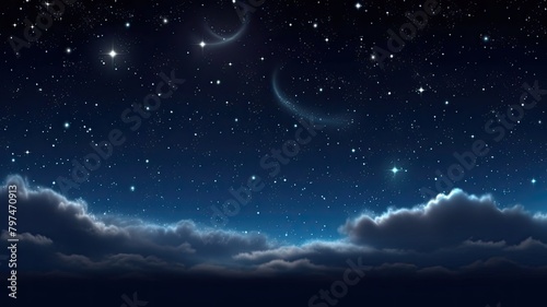 Mesmerizing night sky with twinkling stars and glowing crescent moons above silhouetted clouds