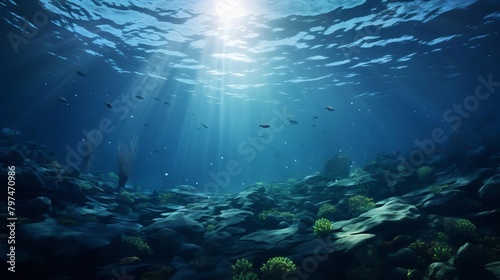 An underwater scene with a ray of sunlight shining through the water. The water is dark blue and crystal clear. There are some small fish swimming around.