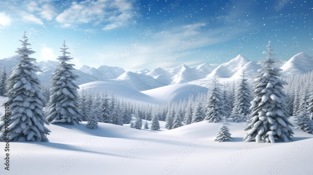 Breathtaking winter landscape with snow-covered pines and majestic mountains under a serene sky